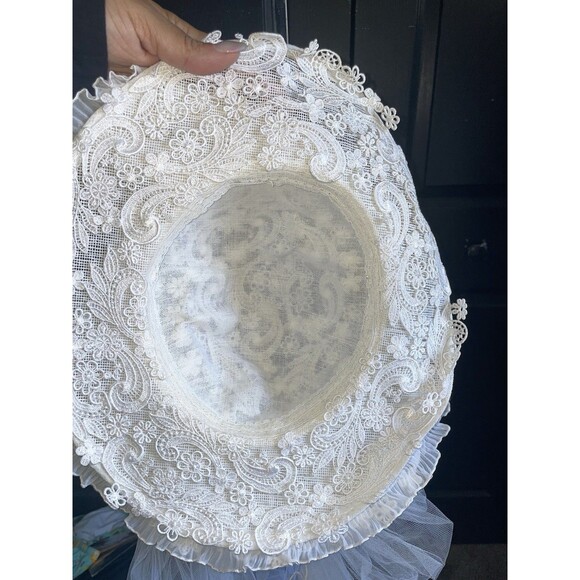 Vintage 80s Bridal Hat Veil Lace Pearl Wide Brim Wedding Hat Ivory main image 6